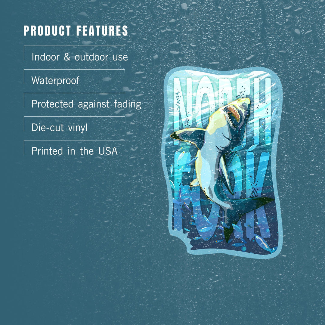 North Fork, New York, Great White Shark, Contour, Vinyl Sticker Sticker Lantern Press 