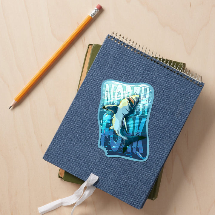 North Fork, New York, Great White Shark, Contour, Vinyl Sticker Sticker Lantern Press 