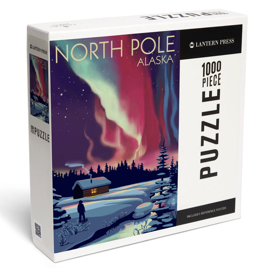 North Pole, Alaska, Northern Lights and Cabin, Jigsaw Puzzle Puzzle Lantern Press 