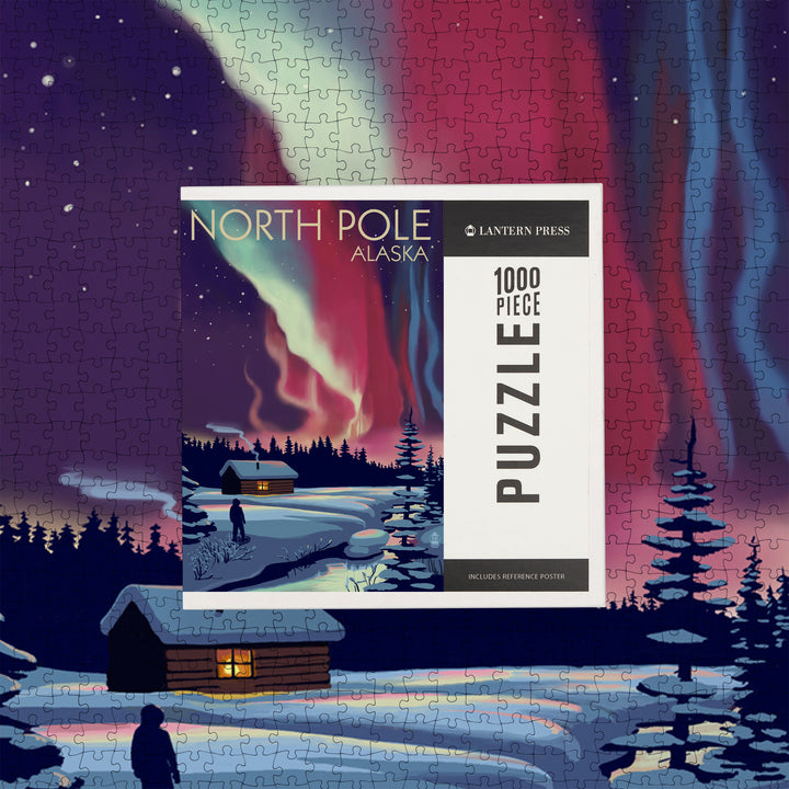 North Pole, Alaska, Northern Lights and Cabin, Jigsaw Puzzle Puzzle Lantern Press 
