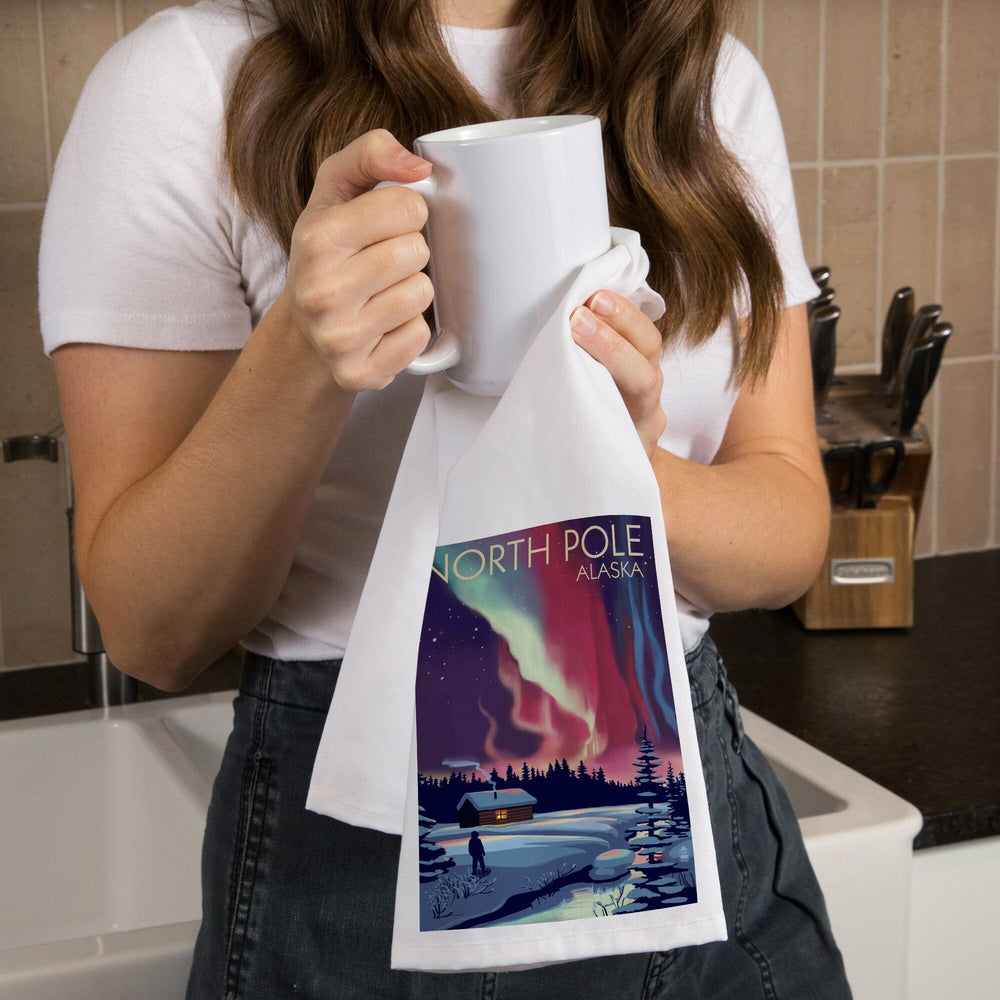 North Pole, Alaska, Northern Lights and Cabin, Organic Cotton Kitchen Tea Towels Kitchen Lantern Press 