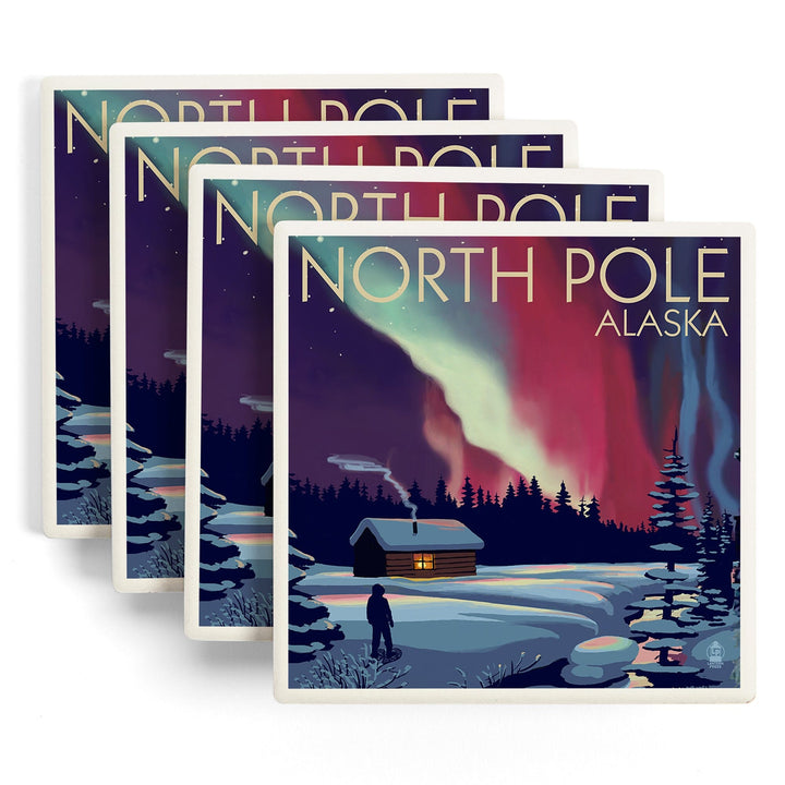 North Pole, Alaska, Northern Lights & Cabin, Lantern Press Poster, Coaster Set Coasters Lantern Press 