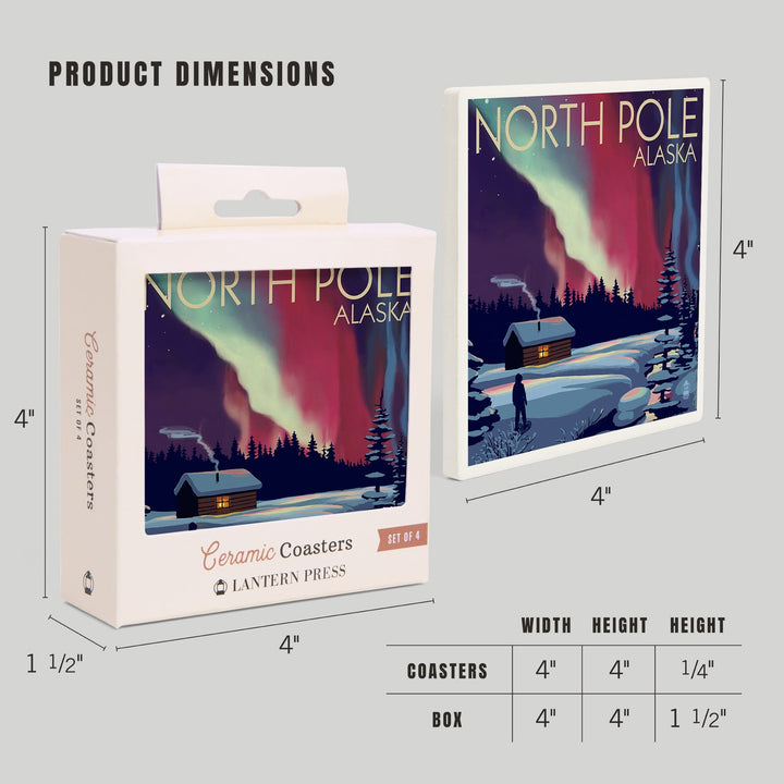 North Pole, Alaska, Northern Lights & Cabin, Lantern Press Poster, Coaster Set Coasters Lantern Press 