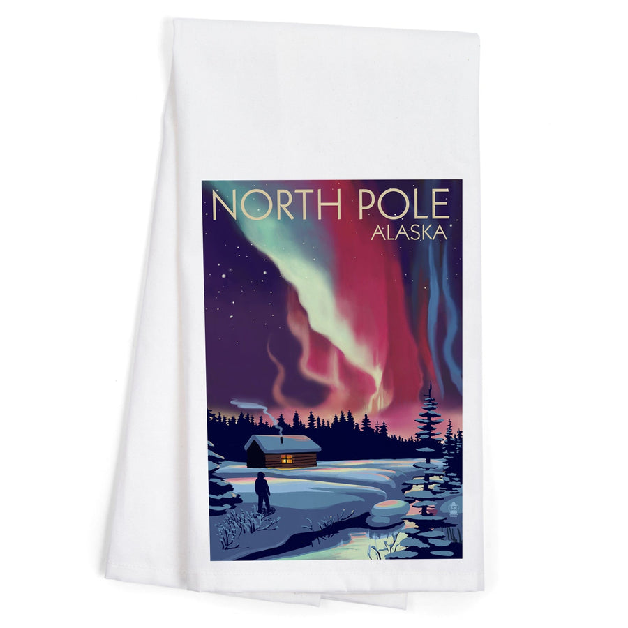North Pole, Alaska, Northern Lights & Cabin, Lantern Press Poster, Towels and Aprons Kitchen Lantern Press 