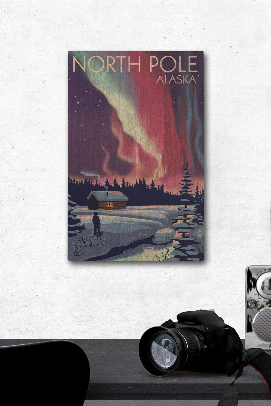 North Pole, Alaska, Northern Lights & Cabin, Lantern Press Poster, Wood Signs and Postcards Wood Lantern Press 12 x 18 Wood Gallery Print 