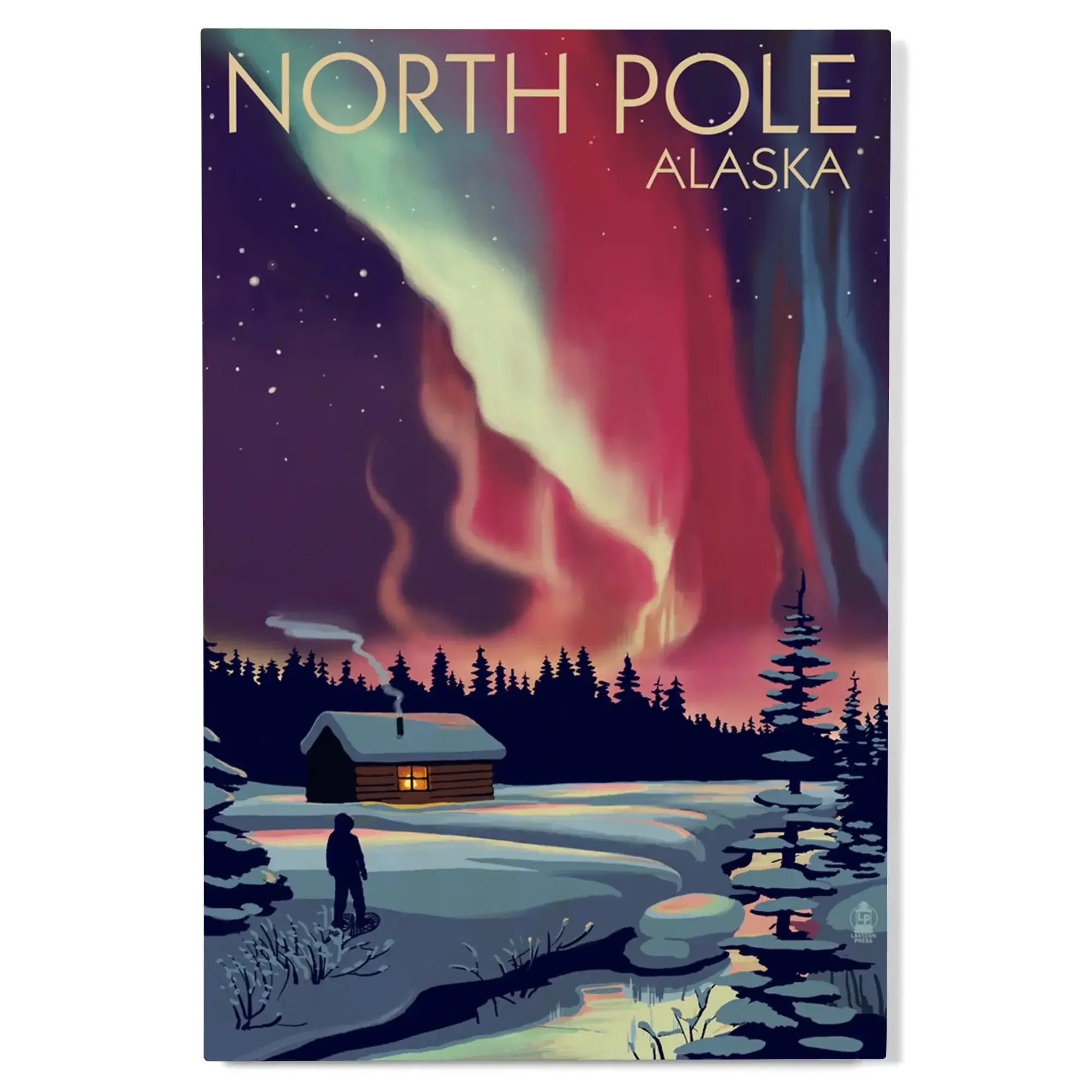 ヨルムンガンド　キャンバスボード North Pole, Alaska, Northern Lights & Cabin, Lantern Press Poster, Woo