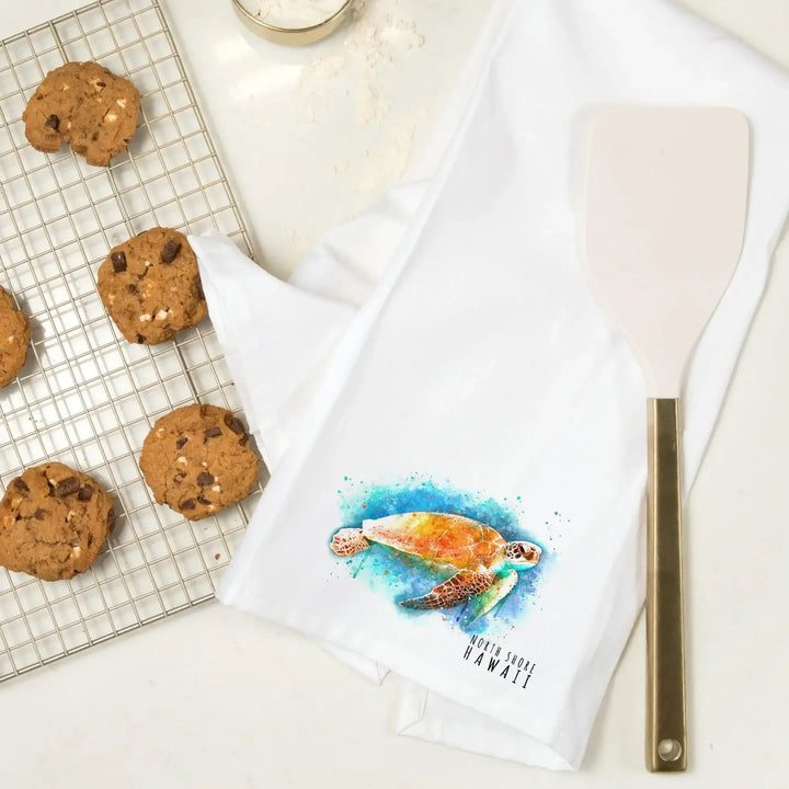 North Shore, Hawaii, Sea Turtle, Watercolor, Organic Cotton Kitchen Tea Towels Kitchen Lantern Press 