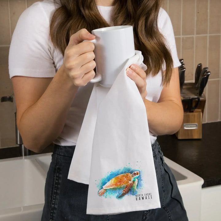 North Shore, Hawaii, Sea Turtle, Watercolor, Organic Cotton Kitchen Tea Towels Kitchen Lantern Press 