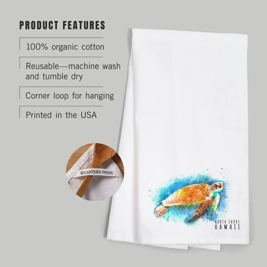 North Shore, Hawaii, Sea Turtle, Watercolor, Organic Cotton Kitchen Tea Towels Kitchen Lantern Press 