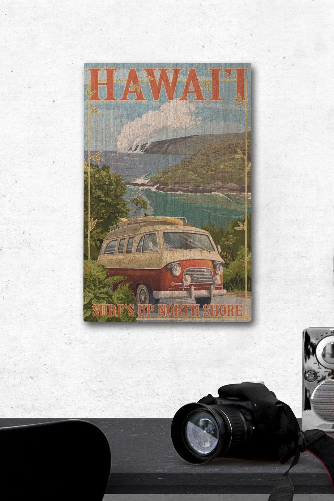 North Shore, Hawaii, Surf's Up, Camper Van, Lantern Press Artwork, Wood Signs and Postcards Wood Lantern Press 12 x 18 Wood Gallery Print 