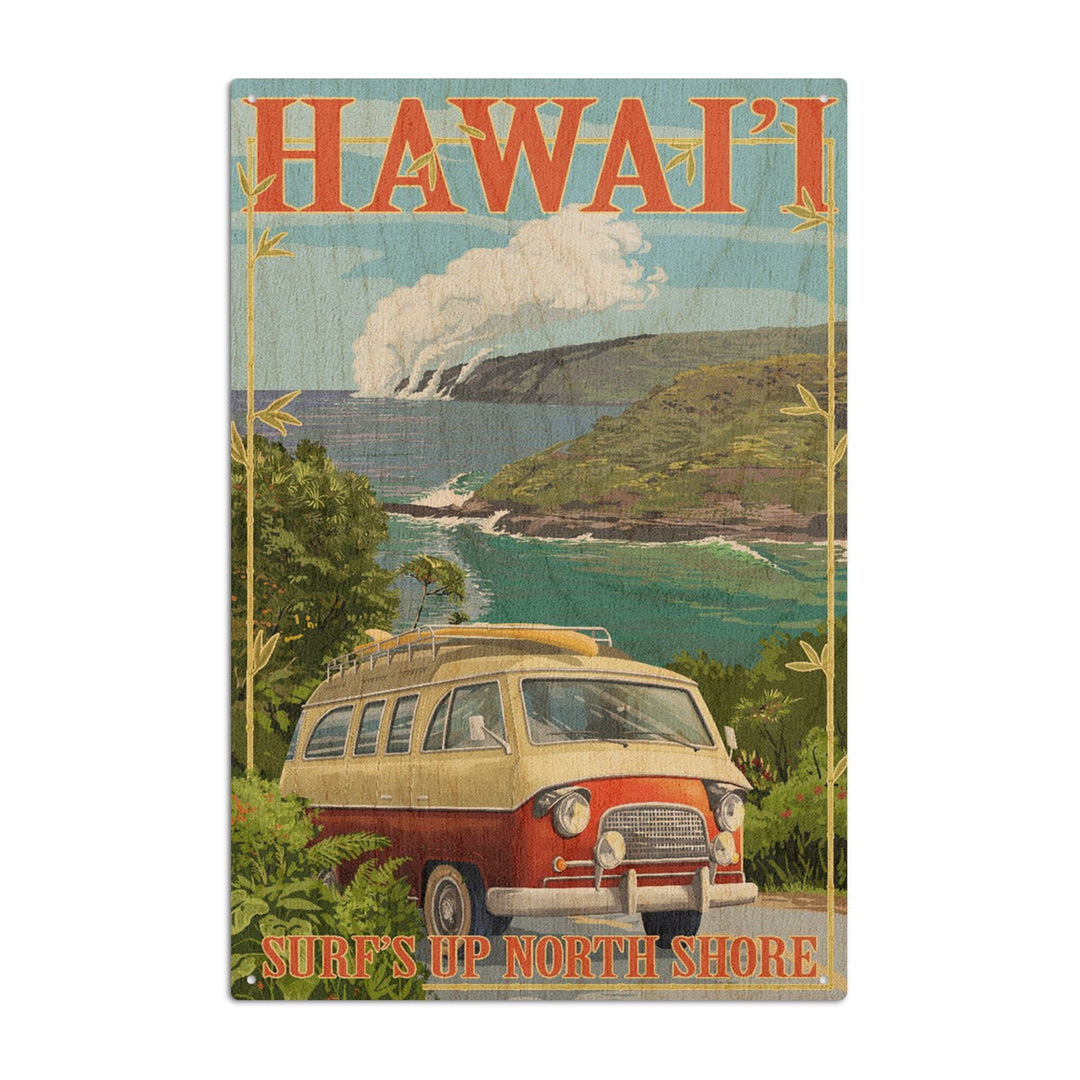 North Shore, Hawaii, Surf's Up, Camper Van, Lantern Press Artwork, Wood Signs and Postcards Wood Lantern Press 6x9 Wood Sign 