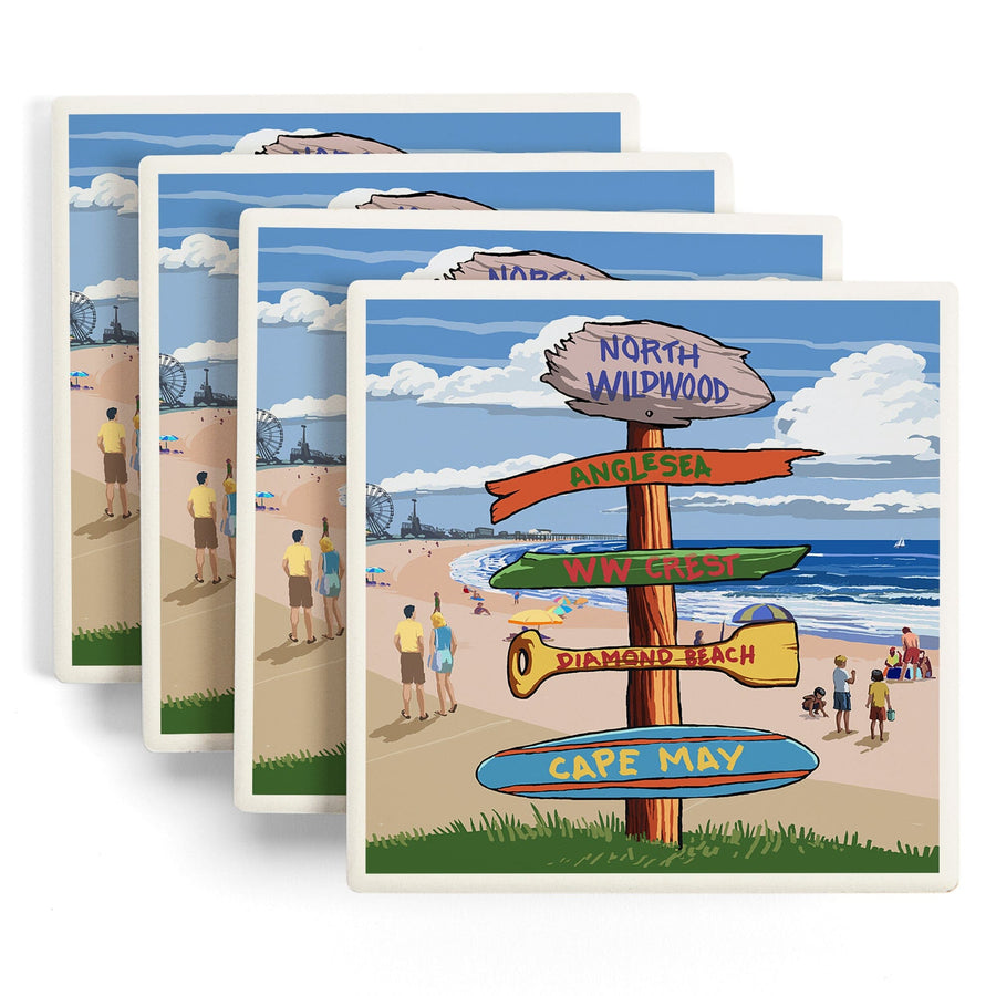 North Wildwood, New Jersey, Destinations Sign, Lantern Press Artwork, Coaster Set Coasters Lantern Press 