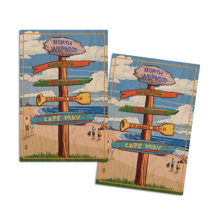 North Wildwood, New Jersey, Destinations Sign, Lantern Press Artwork, Wood Signs and Postcards Wood Lantern Press 4x6 Wood Postcard Set 