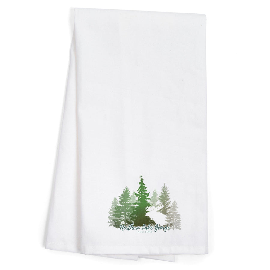 Northern Lake George, New York, Moose and Mountains, Green Tones, Organic Cotton Kitchen Tea Towels Kitchen Lantern Press 