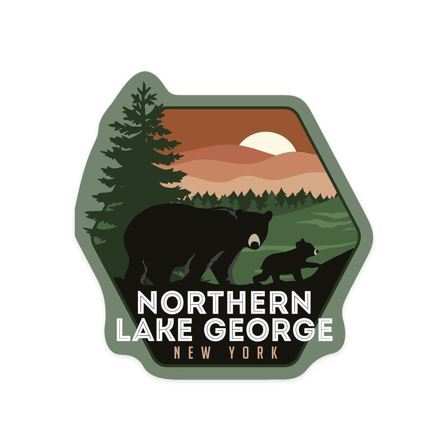 Northern Lake George, New York, Vector Bear Family, Contour, Lantern Press Artwork, Vinyl Sticker Sticker Lantern Press 