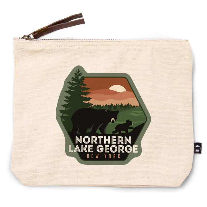 Northern Lake George, New York, Vector Bear Family,, Organic Cotton Zipper Pouch, Go Bag Go Bag Lantern Press 