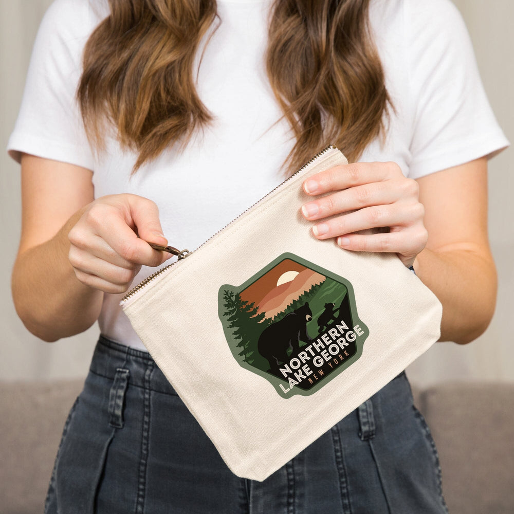 Northern Lake George, New York, Vector Bear Family,, Organic Cotton Zipper Pouch, Go Bag Go Bag Lantern Press 