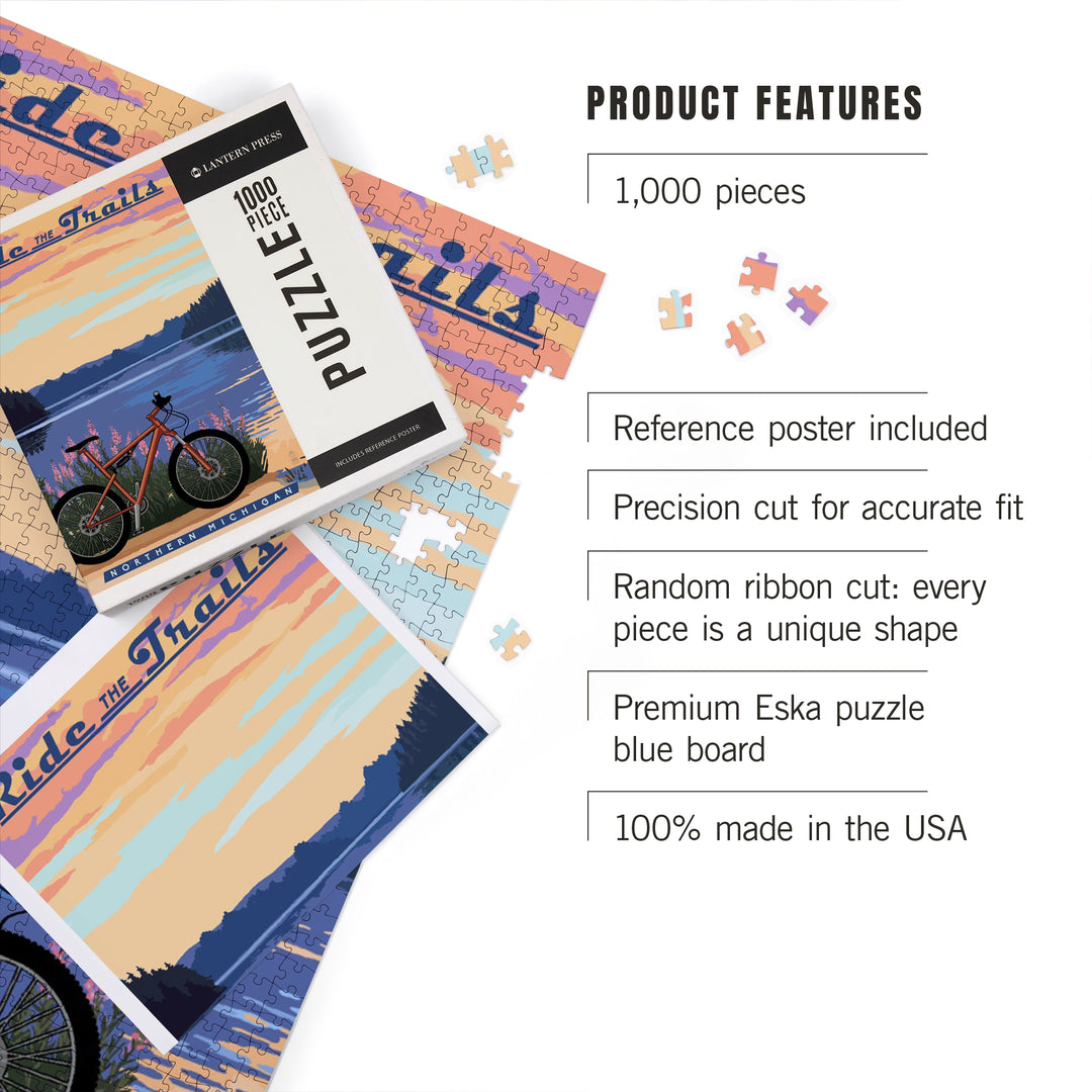 Northern Michigan, Bike and Lake, Ride the Trails, Jigsaw Puzzle Puzzle Lantern Press 