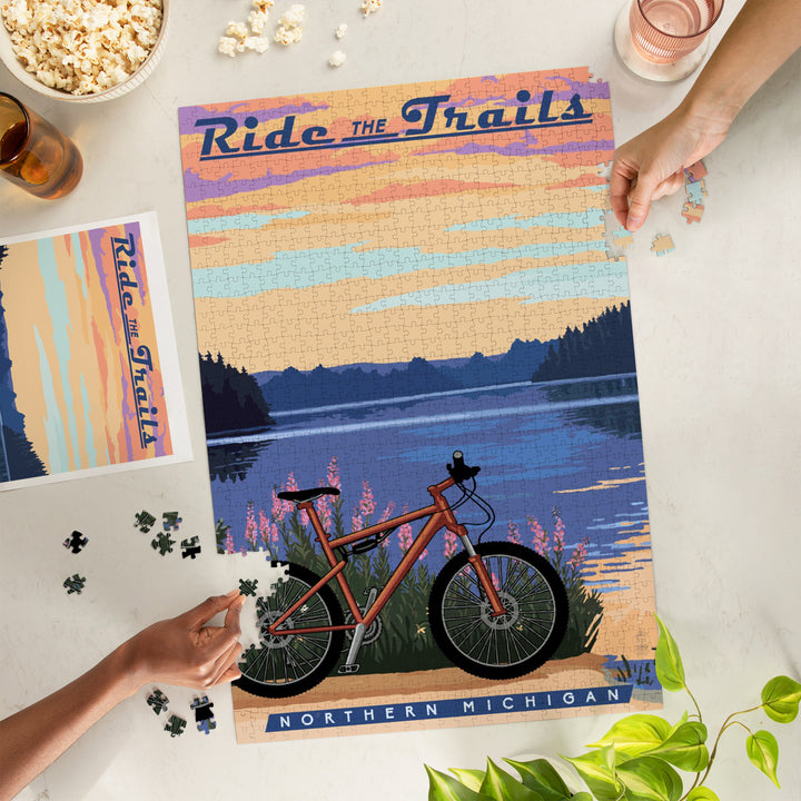 Northern Michigan, Bike and Lake, Ride the Trails, Jigsaw Puzzle Puzzle Lantern Press 