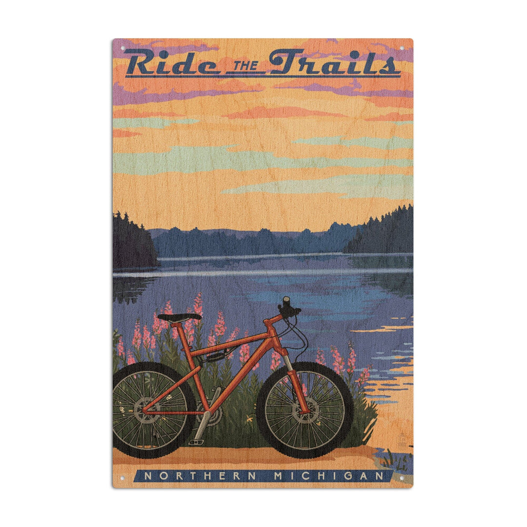 Northern Michigan, Bike & Lake, Ride the Trails, Lantern Press Artwork, Wood Signs and Postcards Wood Lantern Press 10 x 15 Wood Sign 