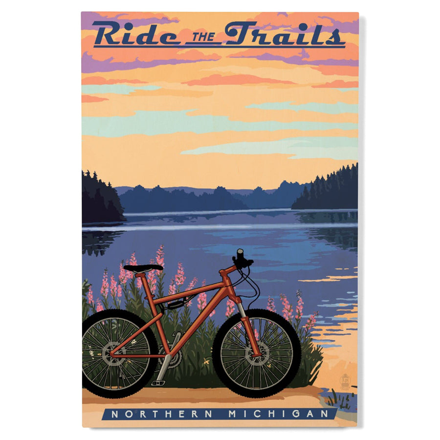 Northern Michigan, Bike & Lake, Ride the Trails, Lantern Press Artwork, Wood Signs and Postcards Wood Lantern Press 