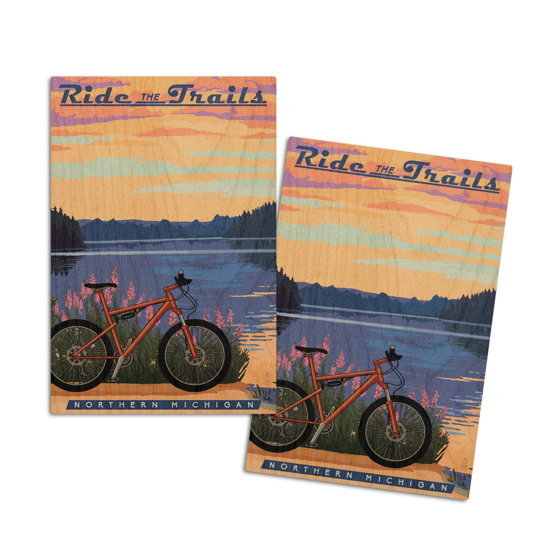 Northern Michigan, Bike & Lake, Ride the Trails, Lantern Press Artwork, Wood Signs and Postcards Wood Lantern Press 4x6 Wood Postcard Set 