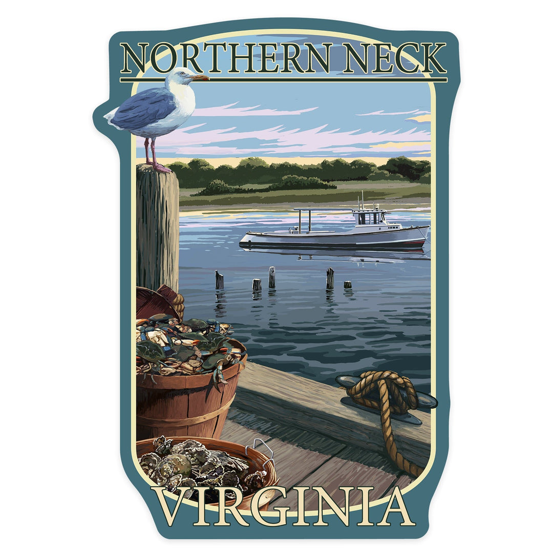 Northern Neck, Virginia, Blue Crab & Oysters on Dock, Contour, Lantern Press Artwork, Vinyl Sticker Sticker Lantern Press 