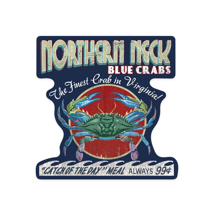Northern Neck, Virginia, Blue Crab Vintage Sign, Contour, Vinyl Sticker Sticker Lantern Press 