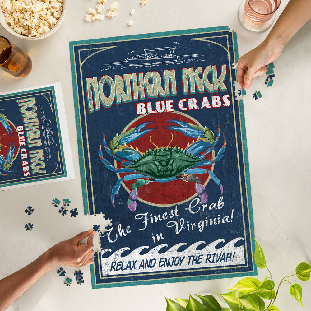 Northern Neck, Virginia, Blue Crab Vintage Sign, Jigsaw Puzzle Puzzle Lantern Press 