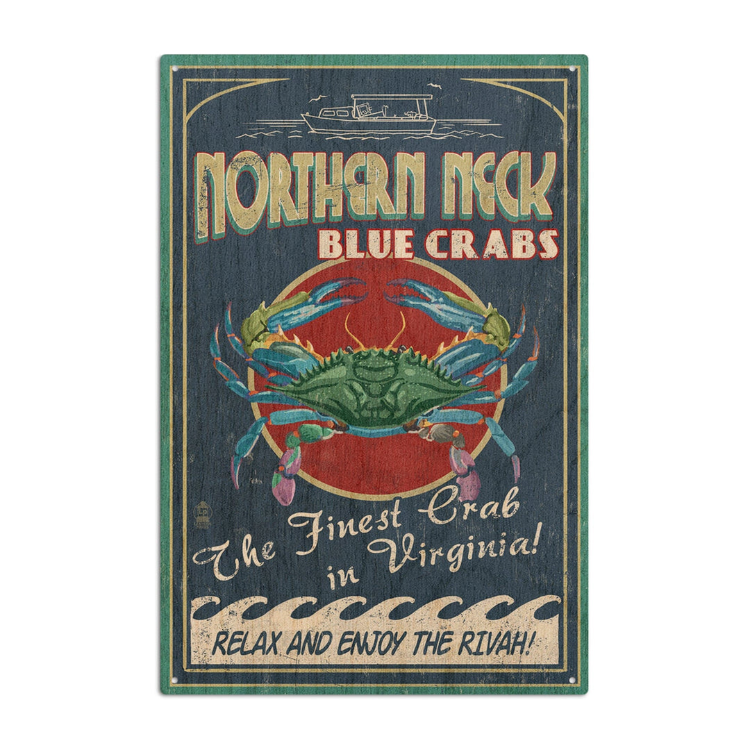 Northern Neck, Virginia, Blue Crab Vintage Sign, Lantern Press Artwork, Wood Signs and Postcards Wood Lantern Press 10 x 15 Wood Sign 