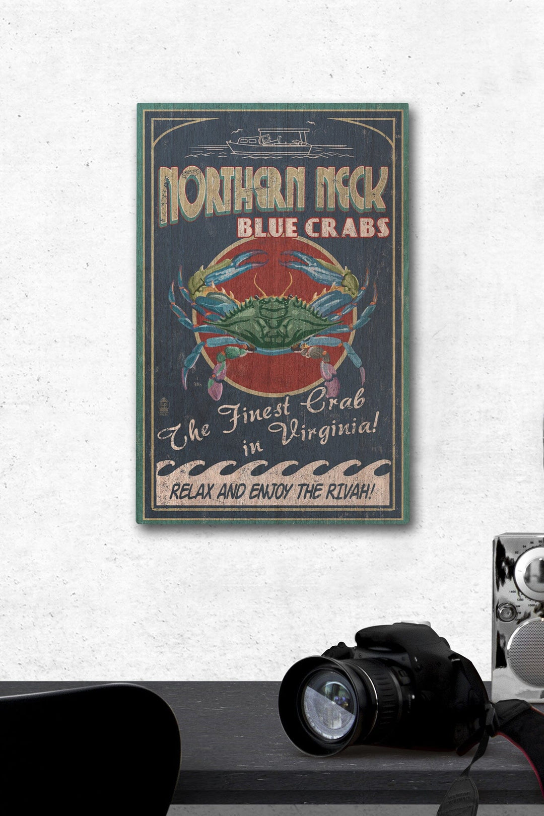 Northern Neck, Virginia, Blue Crab Vintage Sign, Lantern Press Artwork, Wood Signs and Postcards Wood Lantern Press 12 x 18 Wood Gallery Print 