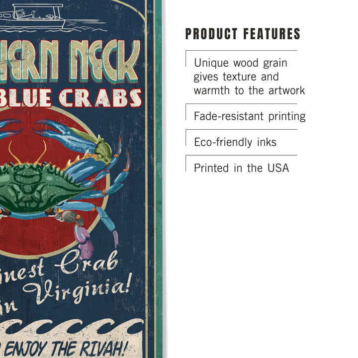 Northern Neck, Virginia, Blue Crab Vintage Sign, Lantern Press Artwork, Wood Signs and Postcards Wood Lantern Press 