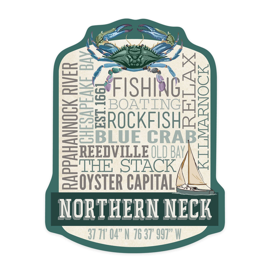 Northern Neck, Virginia, Chesapeake Bay, Oyster Capital, Typography, Contour, Vinyl Sticker Sticker Lantern Press 