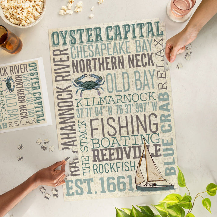 Northern Neck, Virginia, Chesapeake Bay, Oyster Capital, Typography, Jigsaw Puzzle Puzzle Lantern Press 