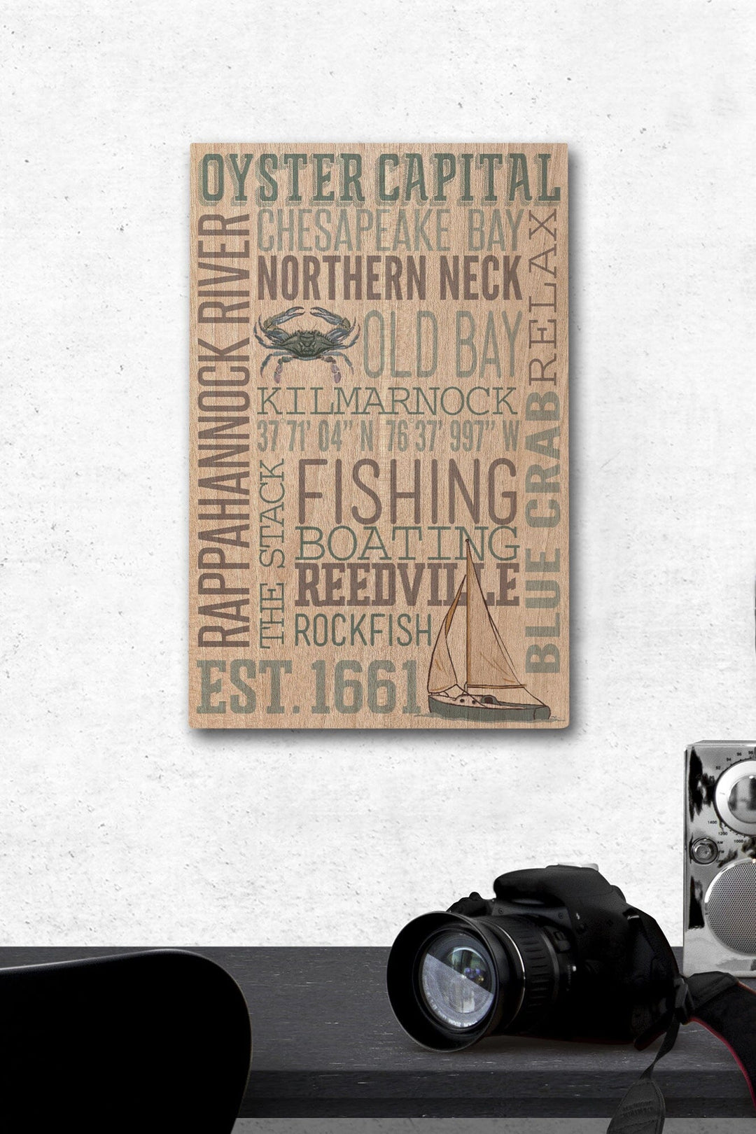 Northern Neck, Virginia, Chesapeake Bay, Oyster Capital, Typography, Lantern Press Artwork, Wood Signs and Postcards Wood Lantern Press 12 x 18 Wood Gallery Print 