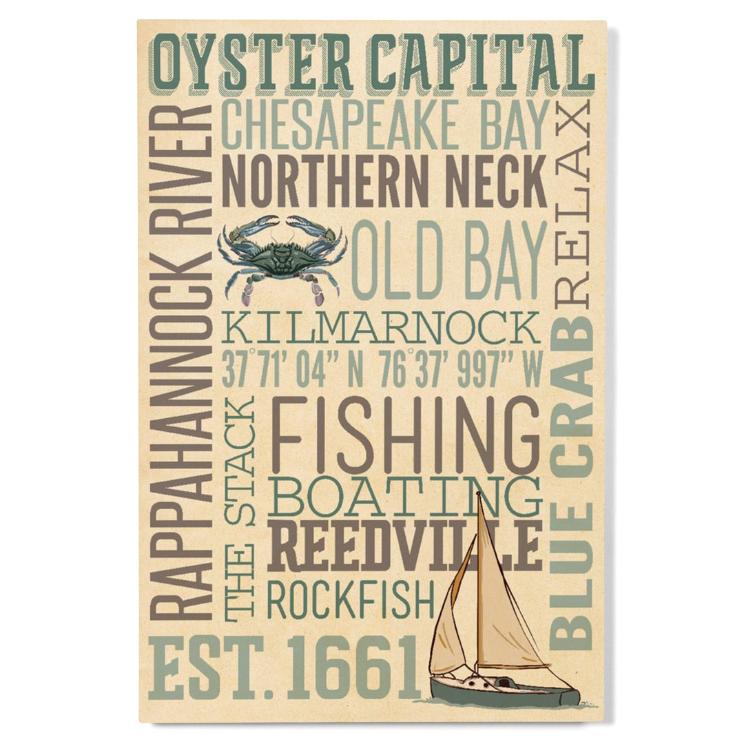 Northern Neck, Virginia, Chesapeake Bay, Oyster Capital, Typography, Lantern Press Artwork, Wood Signs and Postcards Wood Lantern Press 