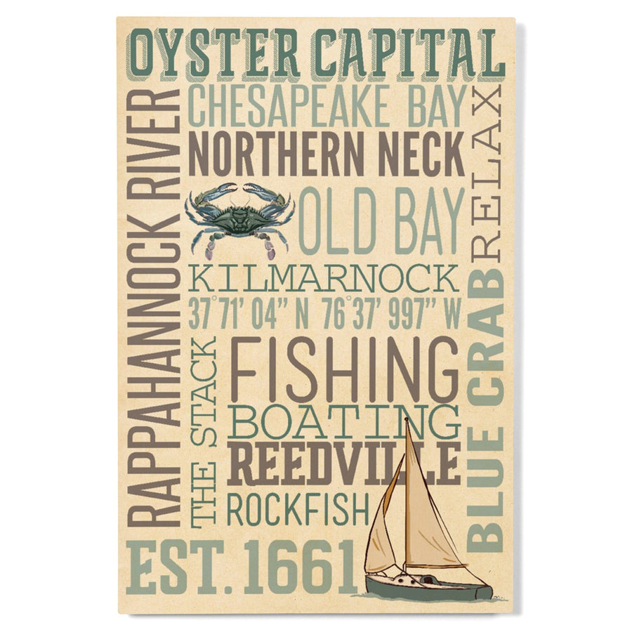 Northern Neck, Virginia, Chesapeake Bay, Oyster Capital, Typography, Lantern Press Artwork, Wood Signs and Postcards Wood Lantern Press 