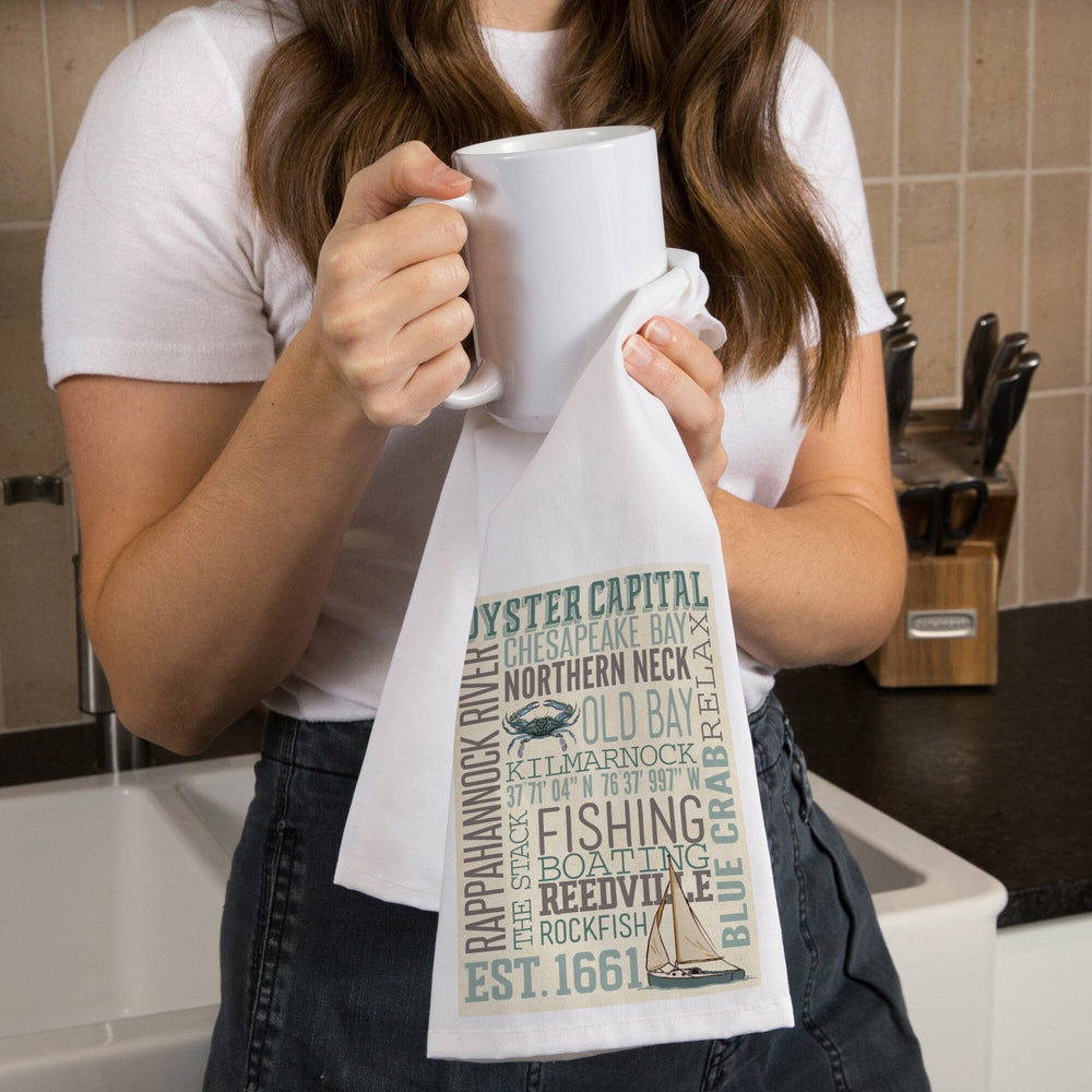Northern Neck, Virginia, Chesapeake Bay, Oyster Capital, Typography, Organic Cotton Kitchen Tea Towels Kitchen Lantern Press 
