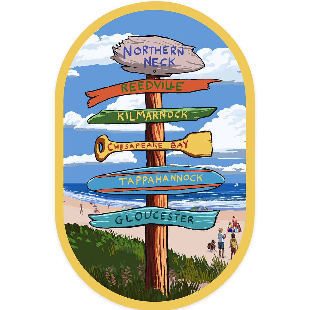 Northern Neck, Virginia, Destination Signpost, Contour, Vinyl Sticker Sticker Lantern Press 