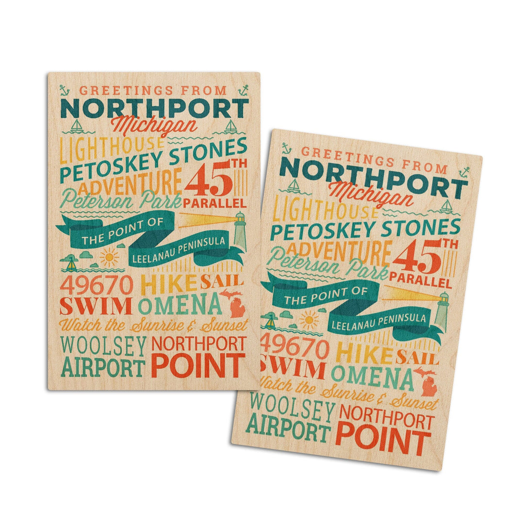 Northport, Michigan, Typography, Lantern Press Artwork, Wood Signs and Postcards Wood Lantern Press 4x6 Wood Postcard Set 