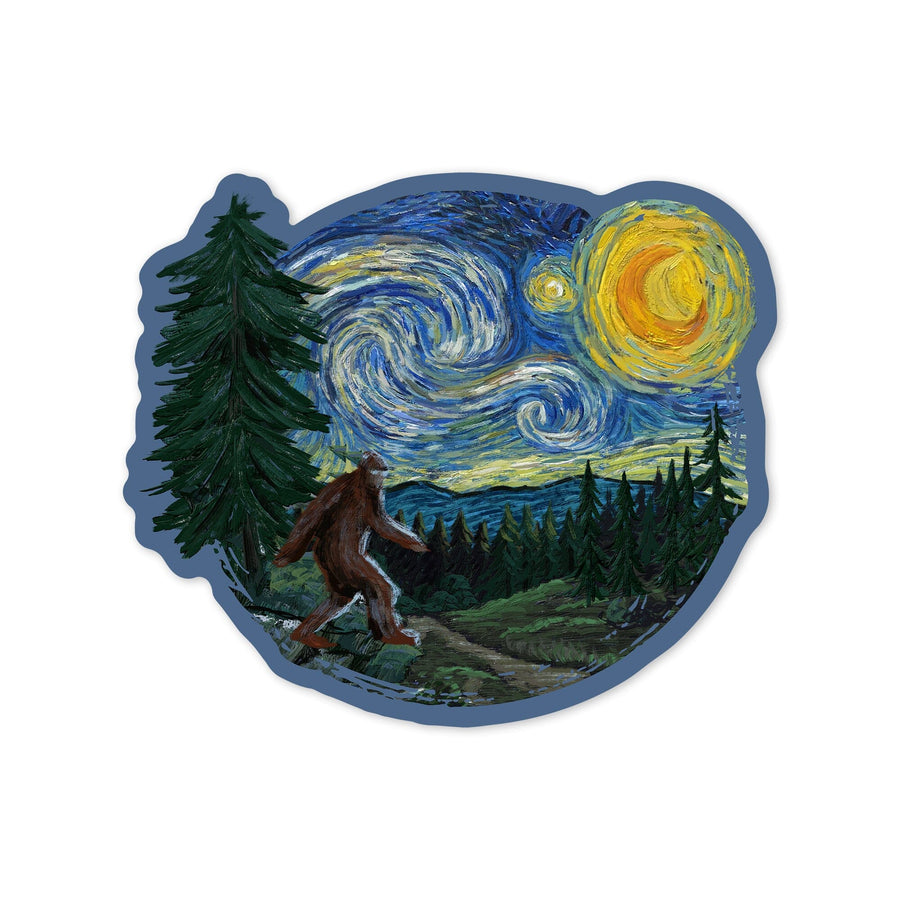 Northwest, Starry Night, Bigfoot, Contour, Lantern Press Artwork, Vinyl Sticker Sticker Lantern Press 