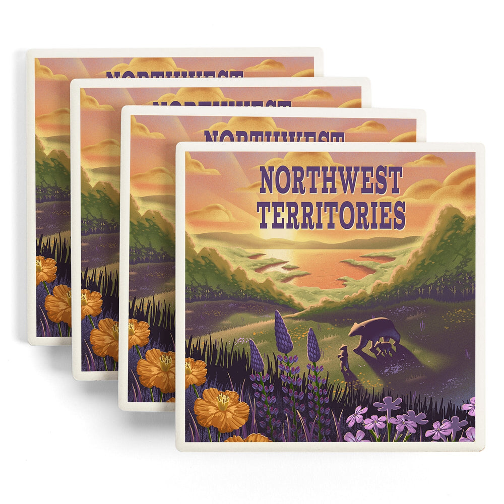 Northwest Territories, Lithograph, Bear and Spring Flowers, Lake, Coasters Coasters Lantern Press 