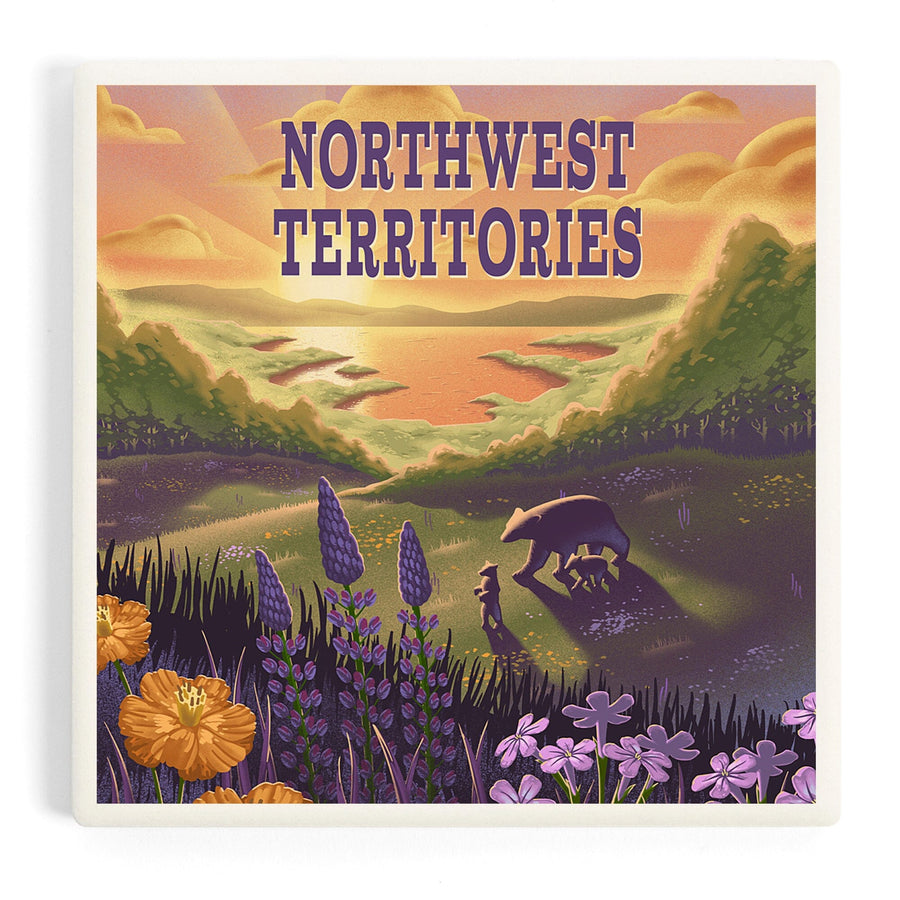 Northwest Territories, Lithograph, Bear and Spring Flowers, Lake, Coasters Coasters Lantern Press 