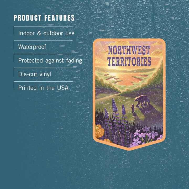 Northwest Territories, Lithograph, Bear and Spring Flowers, Lake, Contour, Vinyl Sticker Sticker Lantern Press 