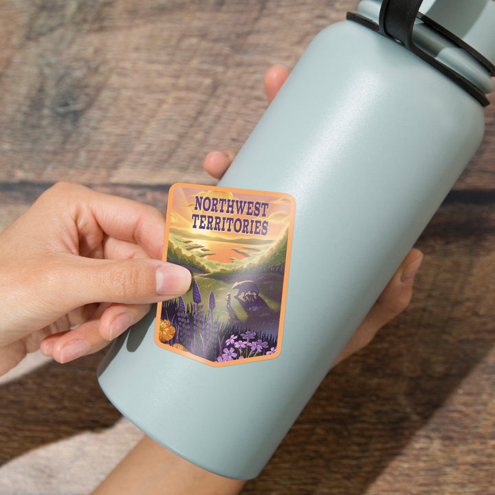 Northwest Territories, Lithograph, Bear and Spring Flowers, Lake, Contour, Vinyl Sticker Sticker Lantern Press 