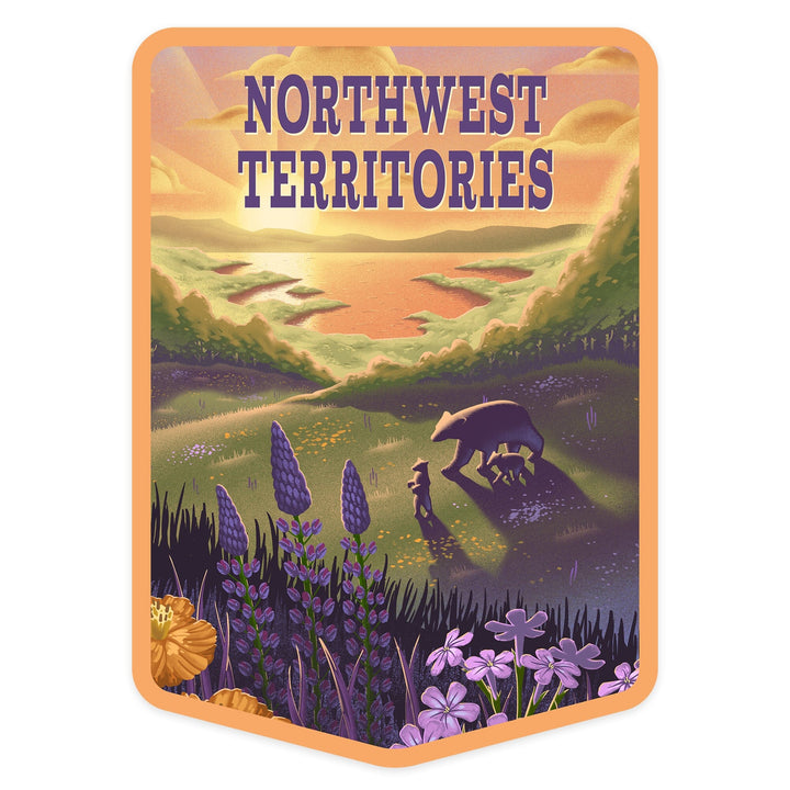 Northwest Territories, Lithograph, Bear and Spring Flowers, Lake, Contour, Vinyl Sticker Sticker Lantern Press 