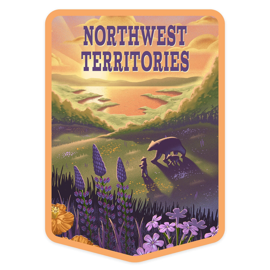 Northwest Territories, Lithograph, Bear and Spring Flowers, Lake, Contour, Vinyl Sticker Sticker Lantern Press 