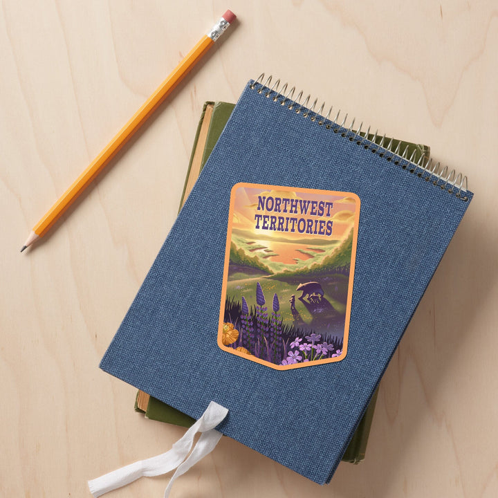 Northwest Territories, Lithograph, Bear and Spring Flowers, Lake, Contour, Vinyl Sticker Sticker Lantern Press 