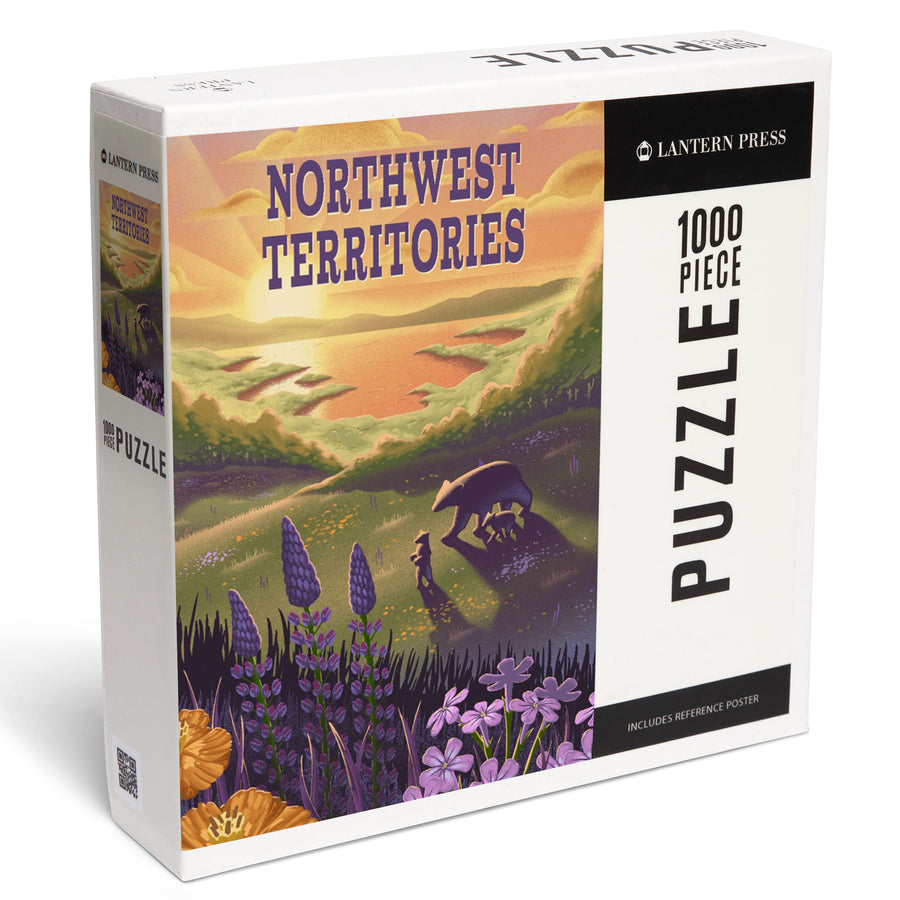 Northwest Territories, Lithograph, Bear and Spring Flowers, Lake, Jigsaw Puzzle Puzzle Lantern Press 
