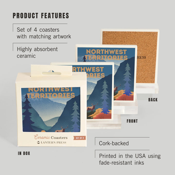 Northwest Territories, Lithograph, Elk and Mountains Scene, Coasters Coasters Lantern Press 